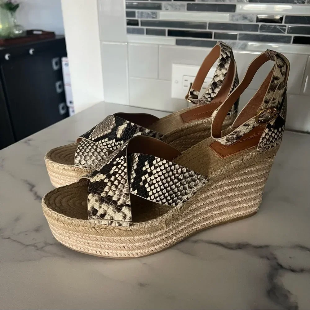 Tory Burch Shelby Snakeskin-Embossed Leather Espadrille Sandals, New, Size11